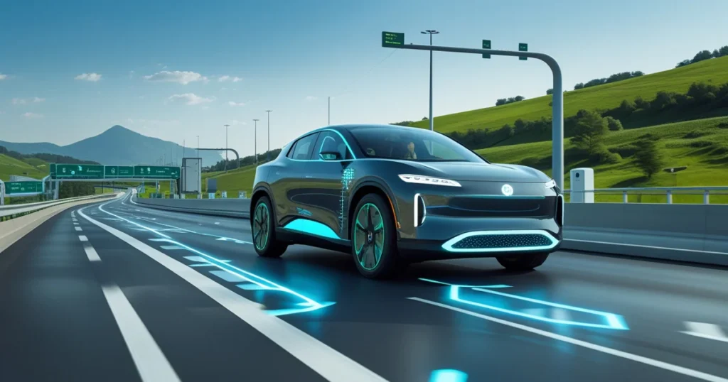 AI-Driven Electric Car on a Modern Highway