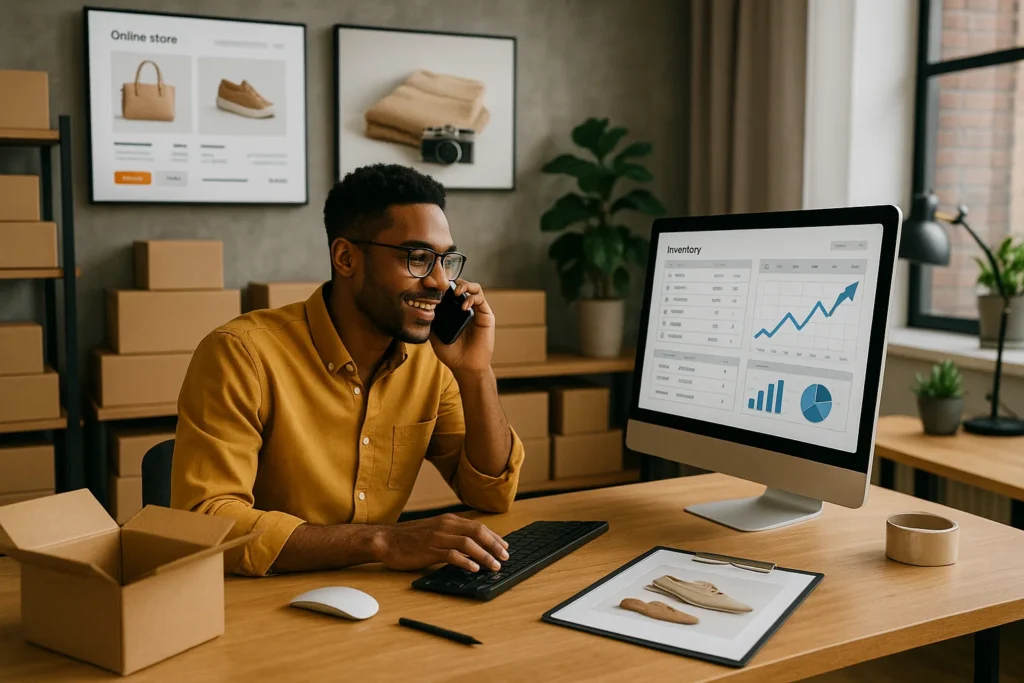 modern e-commerce entrepreneur managing their business from a stylish home office.